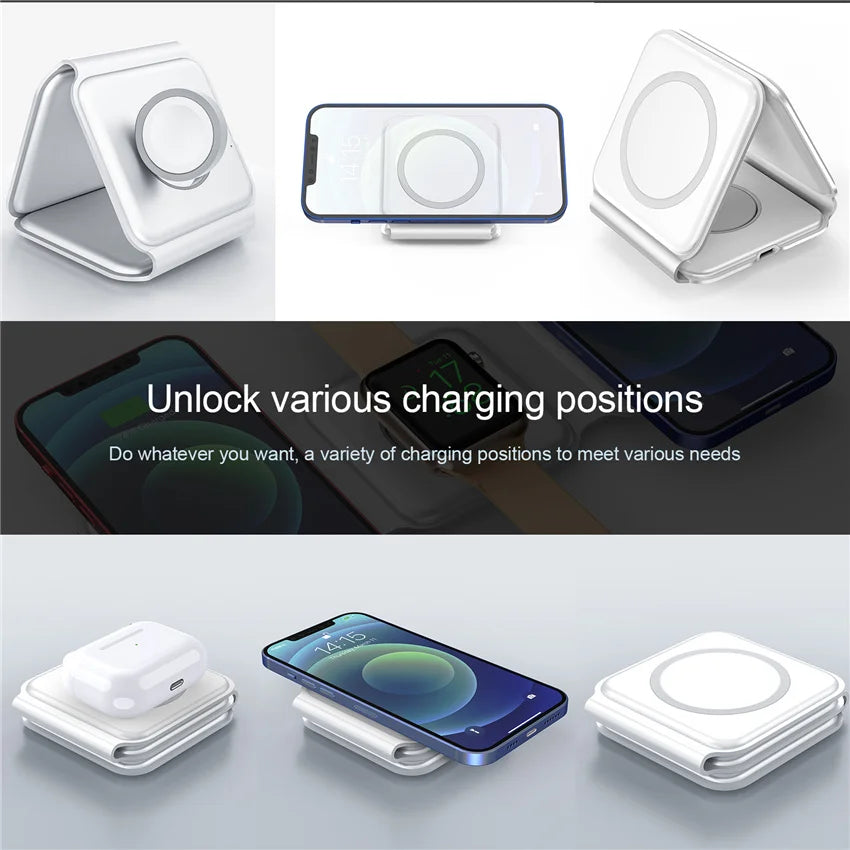 3-In-1 Foldable Magnetic Wireless Charger | Portable And Travel-Friendly | Compatible with Iphone 12-15 Series, Airpods 2/3/Pro