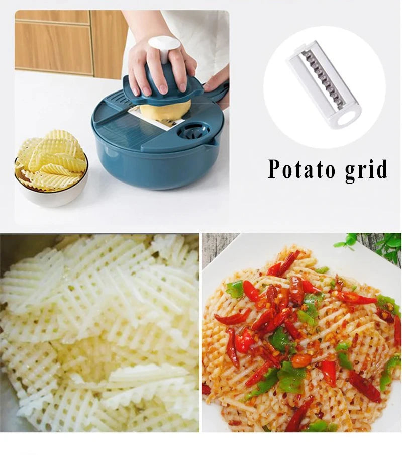 Multifunctional 9 in 1 Vegetable Chopper,, Kitchen Vegetable Slicer Cutter with Container,  Carrot and Garlic Chopper with Peel