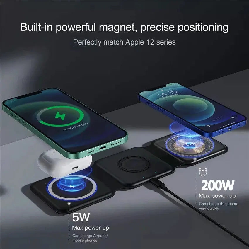 3-In-1 Foldable Magnetic Wireless Charger | Portable And Travel-Friendly | Compatible with Iphone 12-15 Series, Airpods 2/3/Pro
