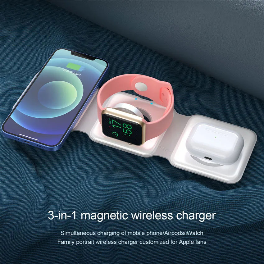 3-In-1 Foldable Magnetic Wireless Charger | Portable And Travel-Friendly | Compatible with Iphone 12-15 Series, Airpods 2/3/Pro