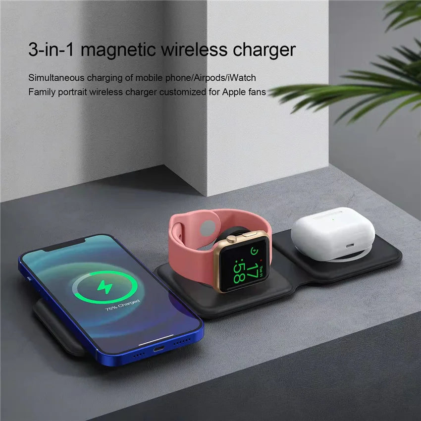 3-In-1 Foldable Magnetic Wireless Charger | Portable And Travel-Friendly | Compatible with Iphone 12-15 Series, Airpods 2/3/Pro